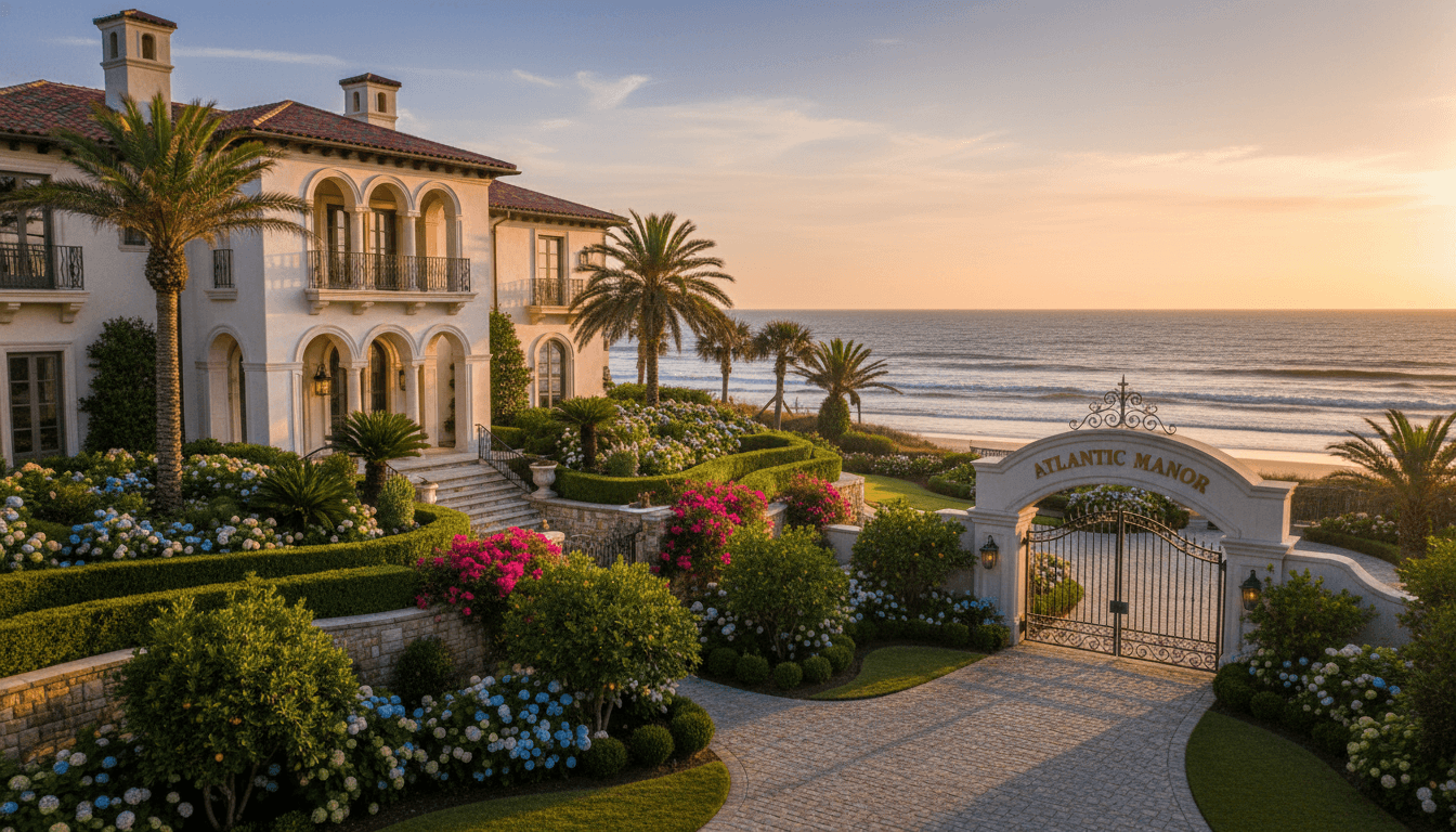 Luxurious coastal estate at sunset with elegant architecture and gardens.