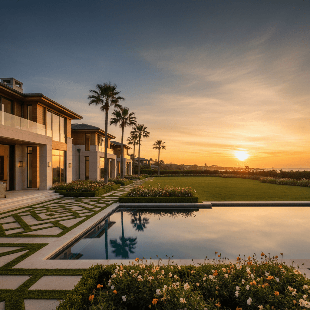 Luxury coastal estate exterior at sunset