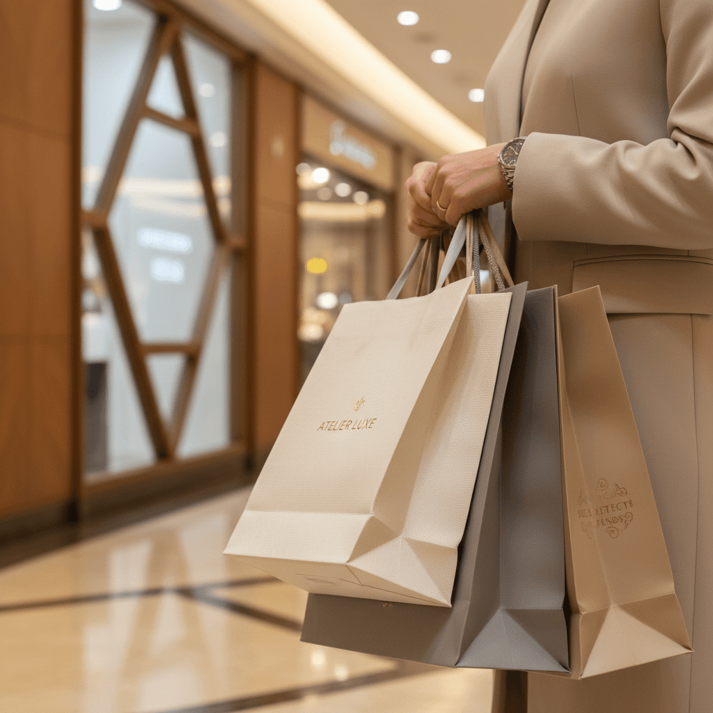 Customer hands holding multiple shopping bags while walking through modern shopping center corridor