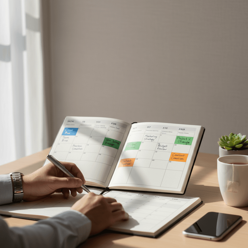 Close-up of color-coded calendar and planner with hand pointing to scheduled tasks and time blocks