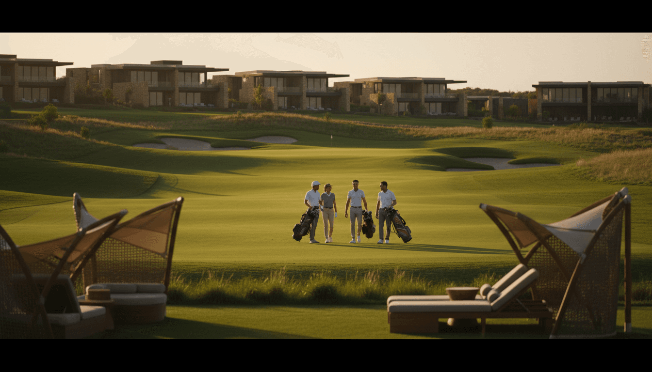 Diverse golfers walking premium fairway at sunset with luxury resort accommodations visible in background