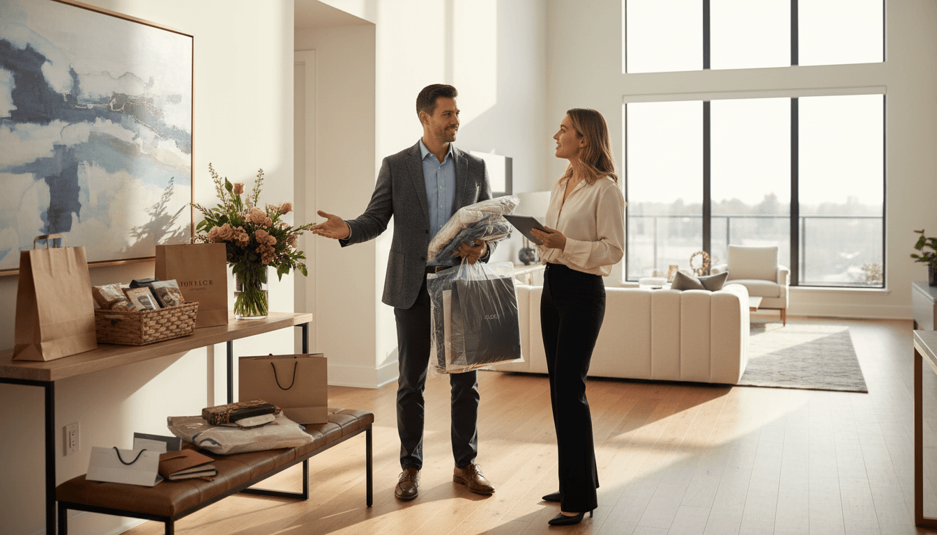 Concierge professional delivering organized groceries and dry cleaning to satisfied client in modern home entryway